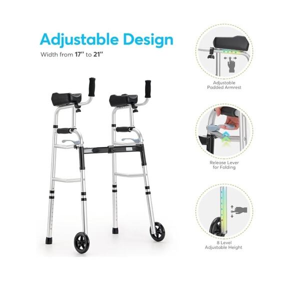 OasisSpace 300lb Capacity Folding Walker - Mobility Aid, 5-Inch Wheels, Armrest - Picture 3 of 7